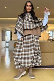 Roberta Plaid Brushed Cotton Balloon Hem Skirt Camel